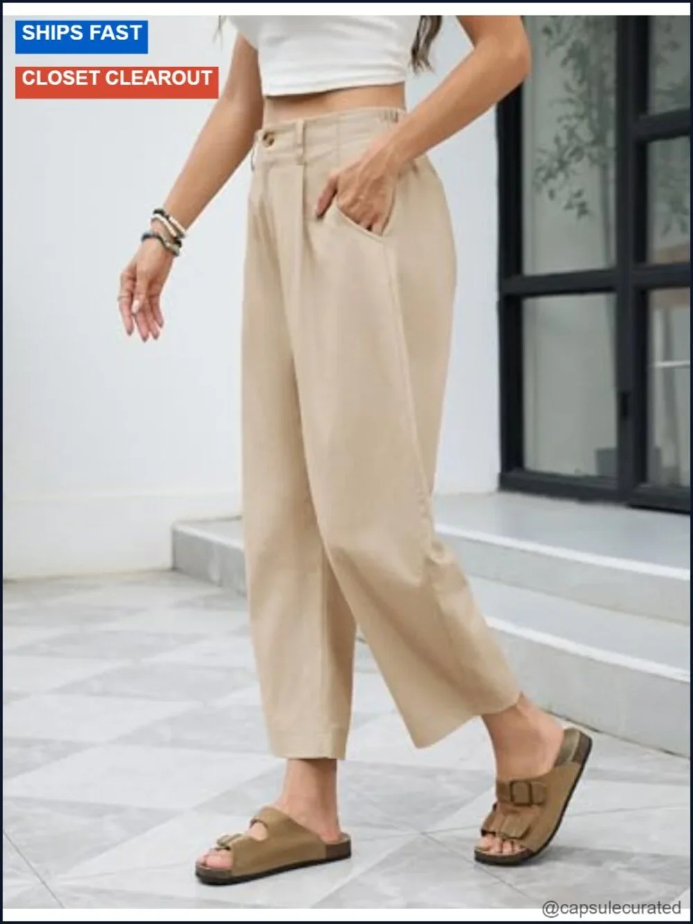 High Waisted Barrel Wide Leg Capri Pants Cotton Linen Blend Casual Palazzo